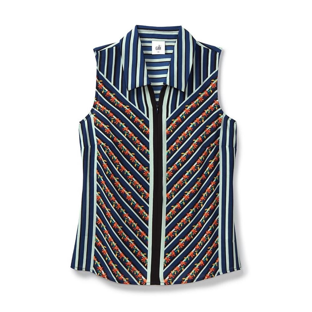 Cabi Blue + Red Chevron Striped Floral Print Zip Up Collared Blouse Large